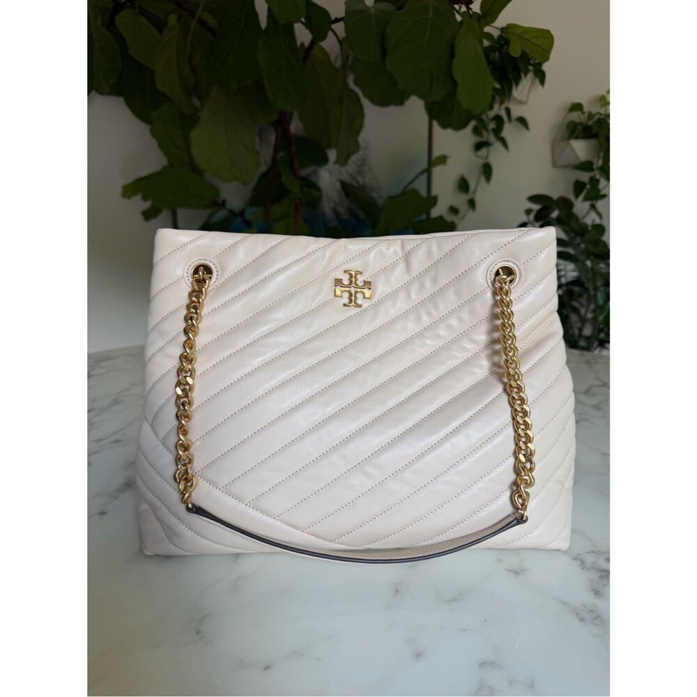 Tory Burch Kira Chevron Tote New Cream Quilted Leather Gold Chain Shoulder Bag